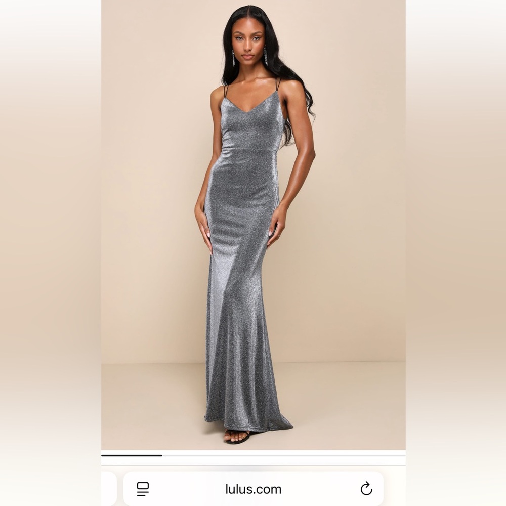 Lulus Toasting the Evening Shiny Silver and Black Backless Maxi Dress